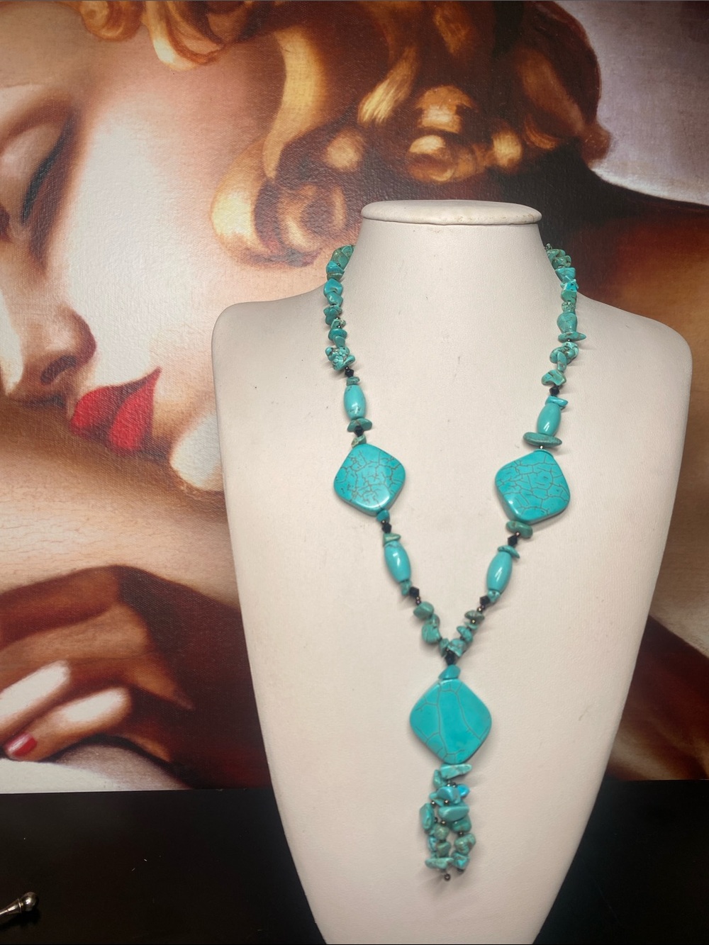 Vintage Turquoise Howlite Chip Bead Necklace with Tassel Accent For Boho Style